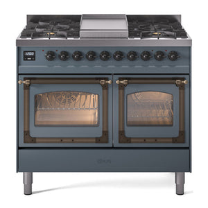 ILVE Nostalgie II 40-Inch Dual Fuel Range with 6 Sealed Burners + Griddle, 4.3 cu. ft. Oven, Blue Grey with Burnished Trim, Liquid Propane, Triple Glass Door, UND40FNMPBGBLP
