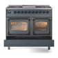 ILVE Nostalgie II 40-Inch Dual Fuel Range with 6 Sealed Burners + Griddle, 4.3 cu. ft. Oven, Blue Grey with Burnished Trim, Natural Gas, Triple Glass Door, UND40FNMPBGB