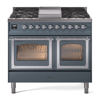 ILVE Nostalgie II 40-Inch Dual Fuel Range with 6 Sealed Burners + Griddle, 4.3 cu. ft. Oven, Blue Grey with Chrome Trim, Liquid Propane, Triple Glass Door, UND40FNMPBGCLP