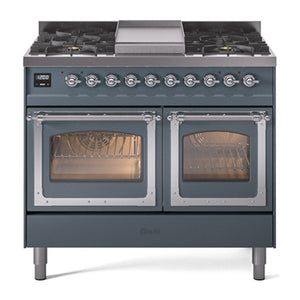 ILVE Nostalgie II 40-Inch Dual Fuel Range with 6 Sealed Burners + Griddle, 4.3 cu. ft. Oven, Blue Grey with Chrome Trim, Natural Gas, Triple Glass Door, UND40FNMPBGC