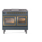 ILVE Nostalgie II 40-Inch Dual Fuel Range with 6 Sealed Burners + Griddle, 4.3 cu. ft. Oven, Blue Grey with Brass Trim, Liquid Propane, Triple Glass Door, UND40FNMPBGGLP