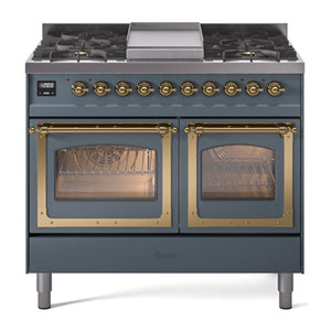 ILVE Nostalgie II 40-Inch Dual Fuel Range with 6 Sealed Burners + Griddle, 4.3 cu. ft. Oven, Blue Grey with Brass Trim, Liquid Propane, Triple Glass Door, UND40FNMPBGGLP