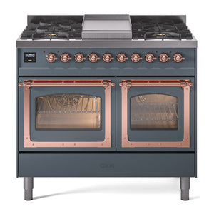 ILVE Nostalgie II 40-Inch Dual Fuel Range with 6 Sealed Burners + Griddle, 4.3 cu. ft. Oven, Blue Grey with Copper Trim, Natural Gas, Triple Glass Door, UND40FNMPBGP