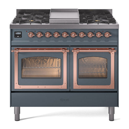 ILVE Nostalgie II 40-Inch Dual Fuel Range with 6 Sealed Burners + Griddle, 4.3 cu. ft. Oven, Blue Grey with Copper Trim, Natural Gas, Triple Glass Door, UND40FNMPBGP