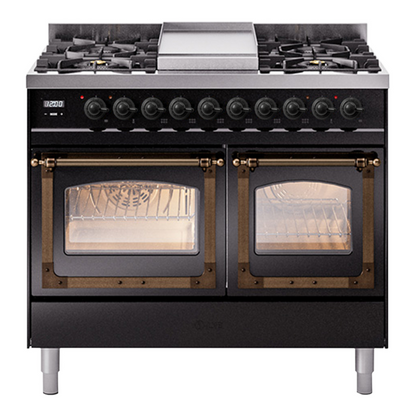 ILVE Nostalgie II 40-Inch Dual Fuel Range with 6 Sealed Burners + Griddle, 4.3 cu. ft. Oven, Glossy Black with Burnished Trim, Liquid Propane, Triple Glass Door, UND40FNMPBKBLP