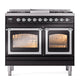 ILVE Nostalgie II 40-Inch Dual Fuel Range with 6 Sealed Burners + Griddle, 4.3 cu. ft. Oven, Glossy Black with Chrome Trim, Liquid Propane, Triple Glass Door, UND40FNMPBKCLP