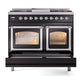 ILVE Nostalgie II 40-Inch Dual Fuel Range with 6 Sealed Burners + Griddle, 4.3 cu. ft. Oven, Glossy Black with Chrome Trim, Liquid Propane, Triple Glass Door, UND40FNMPBKCLP