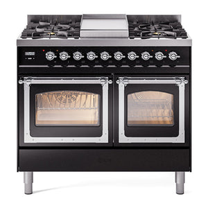 ILVE Nostalgie II 40-Inch Dual Fuel Range with 6 Sealed Burners + Griddle, 4.3 cu. ft. Oven, Glossy Black with Chrome Trim, Liquid Propane, Triple Glass Door, UND40FNMPBKCLP