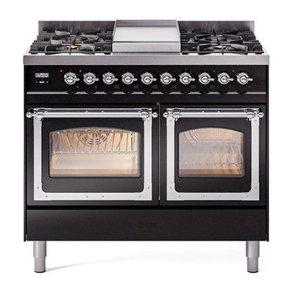 ILVE Nostalgie II 40-Inch Dual Fuel Range with 6 Sealed Burners + Griddle, 4.3 cu. ft. Oven, Glossy Black with Chrome Trim, Liquid Propane, Triple Glass Door, UND40FNMPBKCLP