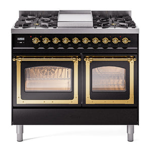 ILVE Nostalgie II 40-Inch Dual Fuel Range with 6 Sealed Burners + Griddle, 4.3 cu. ft. Oven, Glossy Black with Brass Trim, Liquid Propane, Triple Glass Door, UND40FNMPBKGLP