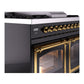 ILVE Nostalgie II 40-Inch Dual Fuel Range with 6 Sealed Burners + Griddle, 4.3 cu. ft. Oven, Glossy Black with Brass Trim, Natural Gas, Triple Glass Door, UND40FNMPBKG