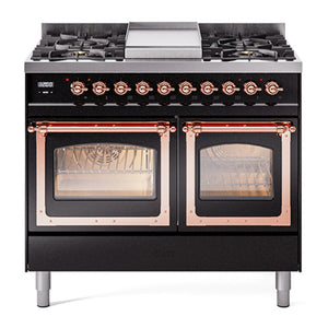 ILVE Nostalgie II 40-Inch Dual Fuel Range with 6 Sealed Burners + Griddle, 4.3 cu. ft. Oven, Glossy Black with Copper Trim, Liquid Propane, Triple Glass Door, UND40FNMPBKPLP