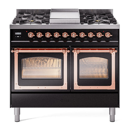 ILVE Nostalgie II 40-Inch Dual Fuel Range with 6 Sealed Burners + Griddle, 4.3 cu. ft. Oven, Glossy Black with Copper Trim, Liquid Propane, Triple Glass Door, UND40FNMPBKPLP