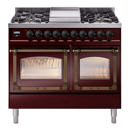 ILVE Nostalgie II 40-Inch Dual Fuel Range with 6 Sealed Burners + Griddle, 4.3 cu. ft. Oven, Burgundy with Burnished Trim, Liquid Propane, Triple Glass Door, UND40FNMPBUBLP