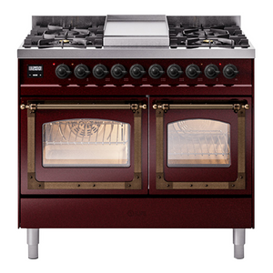 ILVE Nostalgie II 40-Inch Dual Fuel Range with 6 Sealed Burners + Griddle, 4.3 cu. ft. Oven, Burgundy with Burnished Trim, Natural Gas, Triple Glass Door, UND40FNMPBUB