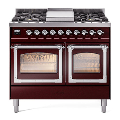 ILVE Nostalgie II 40-Inch Dual Fuel Range with 6 Sealed Burners + Griddle, 4.3 cu. ft. Oven, Burgundy with Chrome Trim, Liquid Propane, Triple Glass Door, UND40FNMPBUCLP