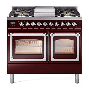 ILVE Nostalgie II 40-Inch Dual Fuel Range with 6 Sealed Burners + Griddle, 4.3 cu. ft. Oven, Burgundy with Chrome Trim, Natural Gas, Triple Glass Door, UND40FNMPBUC