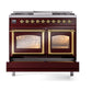 ILVE Nostalgie II 40-Inch Dual Fuel Range with 6 Sealed Burners + Griddle, 4.3 cu. ft. Oven, Burgundy with Brass Trim, Liquid Propane, Triple Glass Door, UND40FNMPBUGLP