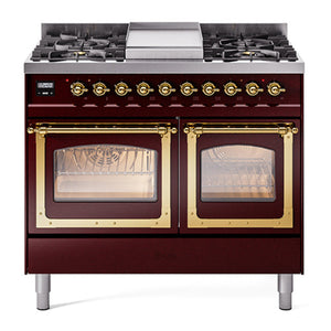 ILVE Nostalgie II 40-Inch Dual Fuel Range with 6 Sealed Burners + Griddle, 4.3 cu. ft. Oven, Burgundy with Brass Trim, Liquid Propane, Triple Glass Door, UND40FNMPBUGLP