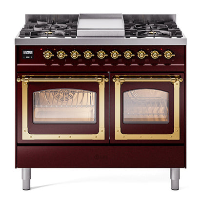 ILVE Nostalgie II 40-Inch Dual Fuel Range with 6 Sealed Burners + Griddle, 4.3 cu. ft. Oven, Burgundy with Brass Trim, Liquid Propane, Triple Glass Door, UND40FNMPBUGLP