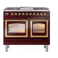 ILVE Nostalgie II 40-Inch Dual Fuel Range with 6 Sealed Burners + Griddle, 4.3 cu. ft. Oven, Burgundy with Brass Trim, Natural Gas, Triple Glass Door, UND40FNMPBUG