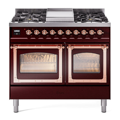 ILVE Nostalgie II 40-Inch Dual Fuel Range with 6 Sealed Burners + Griddle, 4.3 cu. ft. Oven, Burgundy with Copper Trim, Natural Gas, Triple Glass Door, UND40FNMPBUP
