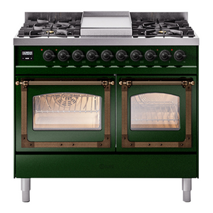 ILVE Nostalgie II 40-Inch Dual Fuel Range with 6 Sealed Burners + Griddle, 4.3 cu. ft. Oven, Emerald Green with Burnished Trim, Natural Gas, Triple Glass Door, UND40FNMPEGB