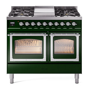 ILVE Nostalgie II 40-Inch Dual Fuel Range with 6 Sealed Burners + Griddle, 4.3 cu. ft. Oven, Emerald Green with Chrome Trim, Natural Gas, Triple Glass Door, UND40FNMPEGC