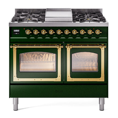 ILVE Nostalgie II 40-Inch Dual Fuel Range with 6 Sealed Burners + Griddle, 4.3 cu. ft. Oven, Emerald Green with Brass Trim, Liquid Propane, Triple Glass Door, UND40FNMPEGGLP