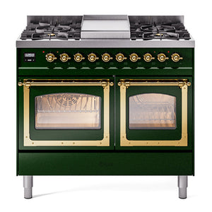 ILVE Nostalgie II 40-Inch Dual Fuel Range with 6 Sealed Burners + Griddle, 4.3 cu. ft. Oven, Emerald Green with Brass Trim, Natural Gas, Triple Glass Door, UND40FNMPEGG