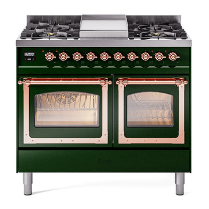 ILVE Nostalgie II 40-Inch Dual Fuel Range with 6 Sealed Burners + Griddle, 4.3 cu. ft. Oven, Emerald Green with Copper Trim, Liquid Propane, Triple Glass Door, UND40FNMPEGPLP