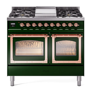 ILVE Nostalgie II 40-Inch Dual Fuel Range with 6 Sealed Burners + Griddle, 4.3 cu. ft. Oven, Emerald Green with Copper Trim, Natural Gas, Triple Glass Door, UND40FNMPEGP