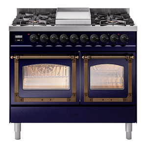 ILVE Nostalgie II 40-Inch Dual Fuel Range with 6 Sealed Burners + Griddle, 4.3 cu. ft. Oven, Midnight Blue with Burnished Trim, Liquid Propane, Triple Glass Door, UND40FNMPMBBLP