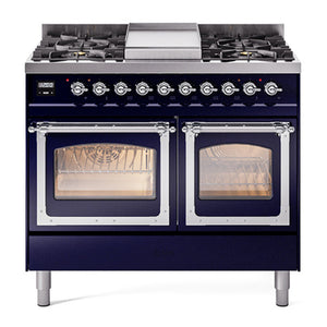 ILVE Nostalgie II 40-Inch Dual Fuel Range with 6 Sealed Burners + Griddle, 4.3 cu. ft. Oven, Midnight Blue with Chrome Trim, Natural Gas, Triple Glass Door, UND40FNMPMBC