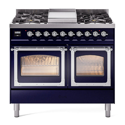 ILVE Nostalgie II 40-Inch Dual Fuel Range with 6 Sealed Burners + Griddle, 4.3 cu. ft. Oven, Midnight Blue with Chrome Trim, Natural Gas, Triple Glass Door, UND40FNMPMBC