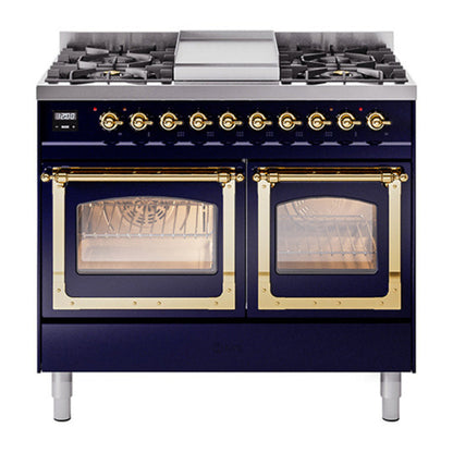 ILVE Nostalgie II 40-Inch Dual Fuel Range with 6 Sealed Burners + Griddle, 4.3 cu. ft. Oven, Midnight Blue with Brass Trim, Liquid Propane, Triple Glass Door, UND40FNMPMBGLP