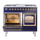 ILVE Nostalgie II 40-Inch Dual Fuel Range with 6 Sealed Burners + Griddle, 4.3 cu. ft. Oven, Midnight Blue with Brass Trim, Natural Gas, Triple Glass Door, UND40FNMPMBG