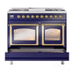 ILVE Nostalgie II 40-Inch Dual Fuel Range with 6 Sealed Burners + Griddle, 4.3 cu. ft. Oven, Midnight Blue with Brass Trim, Natural Gas, Triple Glass Door, UND40FNMPMBG