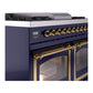 ILVE Nostalgie II 40-Inch Dual Fuel Range with 6 Sealed Burners + Griddle, 4.3 cu. ft. Oven, Midnight Blue with Brass Trim, Natural Gas, Triple Glass Door, UND40FNMPMBG