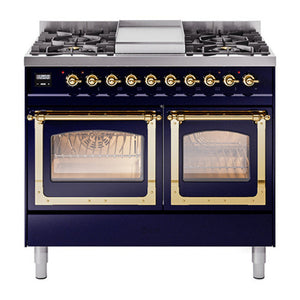 ILVE Nostalgie II 40-Inch Dual Fuel Range with 6 Sealed Burners + Griddle, 4.3 cu. ft. Oven, Midnight Blue with Brass Trim, Natural Gas, Triple Glass Door, UND40FNMPMBG