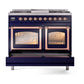 ILVE Nostalgie II 40-Inch Dual Fuel Range with 6 Sealed Burners + Griddle, 4.3 cu. ft. Oven, Midnight Blue with Copper Trim, Liquid Propane, Triple Glass Door, UND40FNMPMBPLP