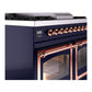 ILVE Nostalgie II 40-Inch Dual Fuel Range with 6 Sealed Burners + Griddle, 4.3 cu. ft. Oven, Midnight Blue with Copper Trim, Liquid Propane, Triple Glass Door, UND40FNMPMBPLP