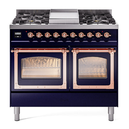ILVE Nostalgie II 40-Inch Dual Fuel Range with 6 Sealed Burners + Griddle, 4.3 cu. ft. Oven, Midnight Blue with Copper Trim, Liquid Propane, Triple Glass Door, UND40FNMPMBPLP
