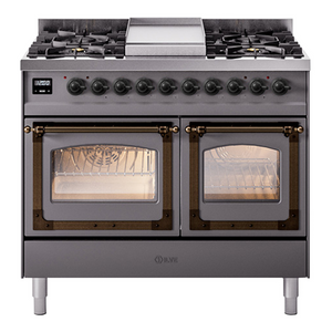 ILVE Nostalgie II 40-Inch Dual Fuel Range with 6 Sealed Burners + Griddle, 4.3 cu. ft. Oven, Graphite Matte with Burnished Trim, Liquid Propane, Triple Glass Door, UND40FNMPMGBLP