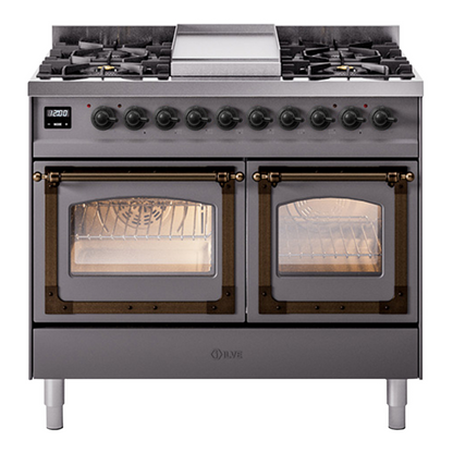 ILVE Nostalgie II 40-Inch Dual Fuel Range with 6 Sealed Burners + Griddle, 4.3 cu. ft. Oven, Graphite Matte with Burnished Trim, Natural Gas, Triple Glass Door, UND40FNMPMGB
