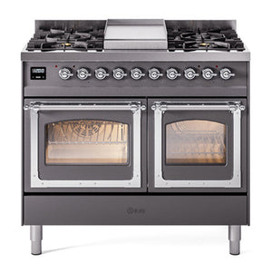 ILVE Nostalgie II 40-Inch Dual Fuel Range with 6 Sealed Burners + Griddle, 4.3 cu. ft. Oven, Graphite Matte with Chrome Trim, Liquid Propane, Triple Glass Door, UND40FNMPMGCLP