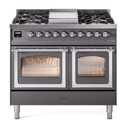 ILVE Nostalgie II 40-Inch Dual Fuel Range with 6 Sealed Burners + Griddle, 4.3 cu. ft. Oven, Graphite Matte with Chrome Trim, Natural Gas, Triple Glass Door, UND40FNMPMGC