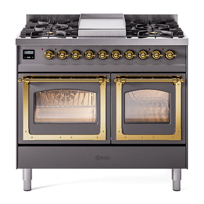 ILVE Nostalgie II 40-Inch Dual Fuel Range with 6 Sealed Burners + Griddle, 4.3 cu. ft. Oven, Graphite Matte with Brass Trim, Liquid Propane, Triple Glass Door, UND40FNMPMGGLP