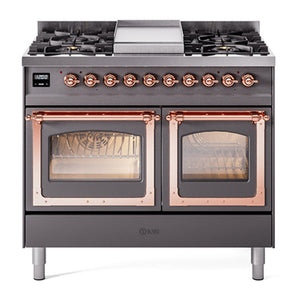 ILVE Nostalgie II 40-Inch Dual Fuel Range with 6 Sealed Burners + Griddle, 4.3 cu. ft. Oven, Graphite Matte with Copper Trim, Natural Gas, Triple Glass Door, UND40FNMPMGP