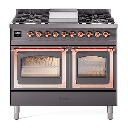 ILVE Nostalgie II 40-Inch Dual Fuel Range with 6 Sealed Burners + Griddle, 4.3 cu. ft. Oven, Graphite Matte with Copper Trim, Natural Gas, Triple Glass Door, UND40FNMPMGP